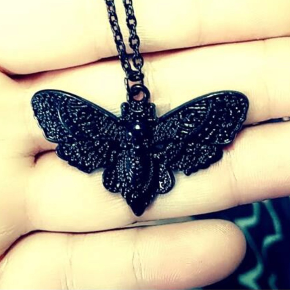Badass Butterfly Moth Goth Black Skull Emo Boho Steampunk, Halloween, Necklace